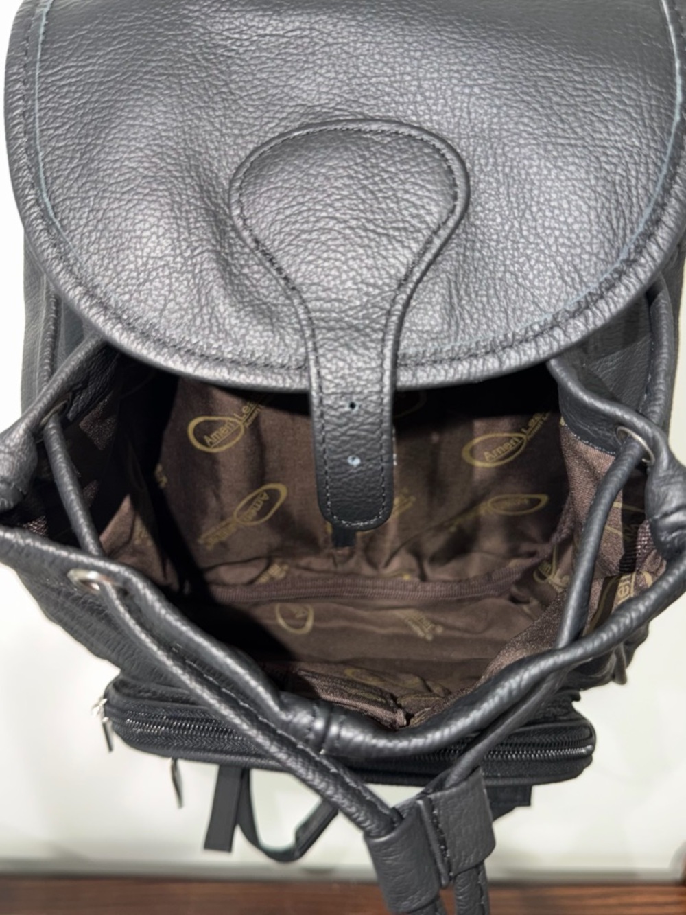 Amerileather Matte Black Pebbled Leather Drawstring Backpack - Picture 5 of 7